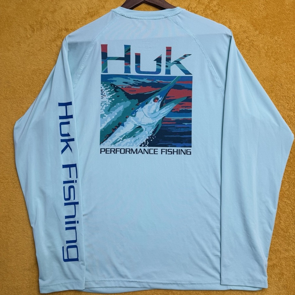 Huk Shirt Mens Medium M Performance Fishing Long Sleeve Graphic Blue UPF Beach